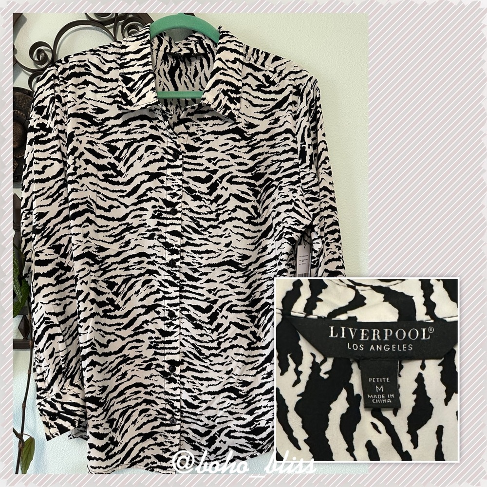 LIVERPOOL | Animal Print Blouse Button Down Collared Top Black and White NWT
